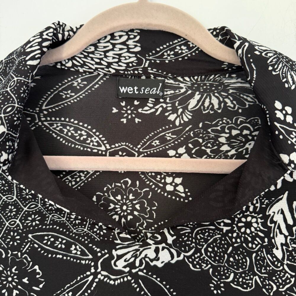 VTG Wet Seal Y2K Floral Patchwork Print Mesh Long Sleeve Top Shirt Black White S - Picture 3 of 5